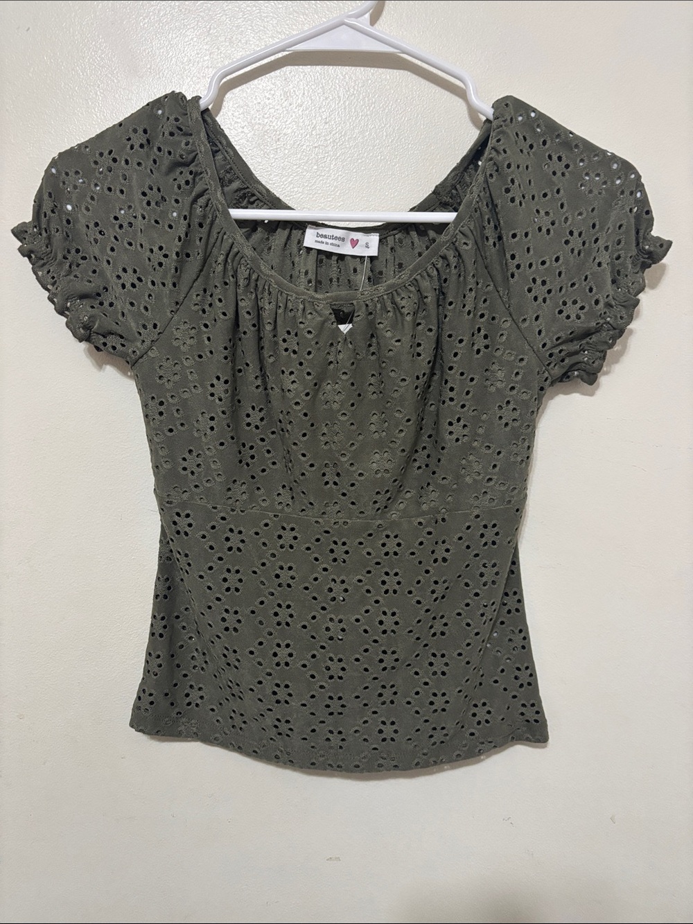 Beautees Olive Eyelet Puff Sleeve Top